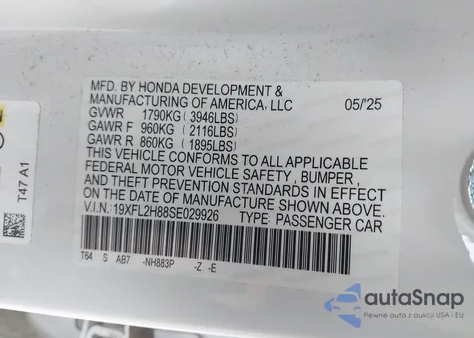 2025 Honda Civic Sedan Sport z USA, uszkodzony, nr VIN 19XFL2H88SE029926